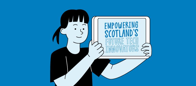 Illustration of girls holding a tablet which states, "Empowering Scotland's Future Tech Innovators" which is the aim of Digital Xtra.