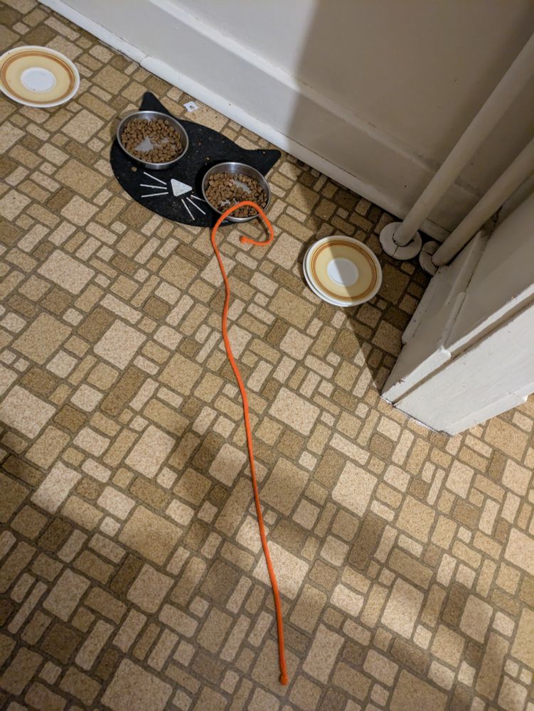 An orange string laying on a kitchen floor 