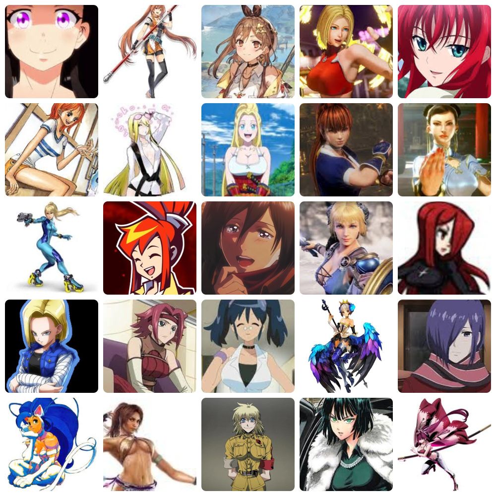 Maki Oze (Fire Force)
Estelle Bright (Trails)
Reisalin Stout (Atelier Ryza)
Blue Mary (Fatal Fury/King of Fighters)
Rias Gremory (High School DXD)
Nami (One Piece)
Kyoko Kuremi (Digimon Story Cyber Sleuth)
Beatrix Amerhauser (Zom 100)
Kasumi (Dead or Alive)
Chun-Li (Street Fighter)
Samus Aran (Metroid)
Lynne (Ghost Trick)
Mikasa Ackerman (Attack on Titan)
Sophitia Alexandra (Soul Calibur)
Parasoul Renoir (Skullgirls)
Android 18 (Dragon Ball)
Kallen Kozuki (Code Geass)
Aki Hinata (Sgt. Frog)
Gwendolyn (Odin Sphere)
Touka Kirishima (Tokyo Ghoul)
Felicia (Darkstalkers)
Christie Monteiro (Tekken)
Seras Victoria (Hellsing)
Fubuki (One-Punch Man)
Yuzuriha (Under Night)