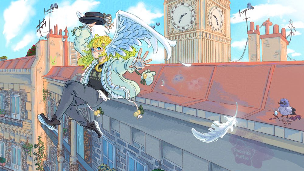 A lass with wings on her head is leaping from the top of a French-esque building, with the early afternoon sun beating down on her back. 