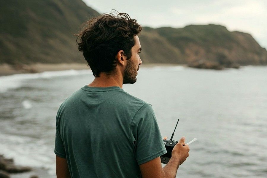 A Wet Tribe team member in a green tee is facing the ocean as he pilots a drone out over the water.