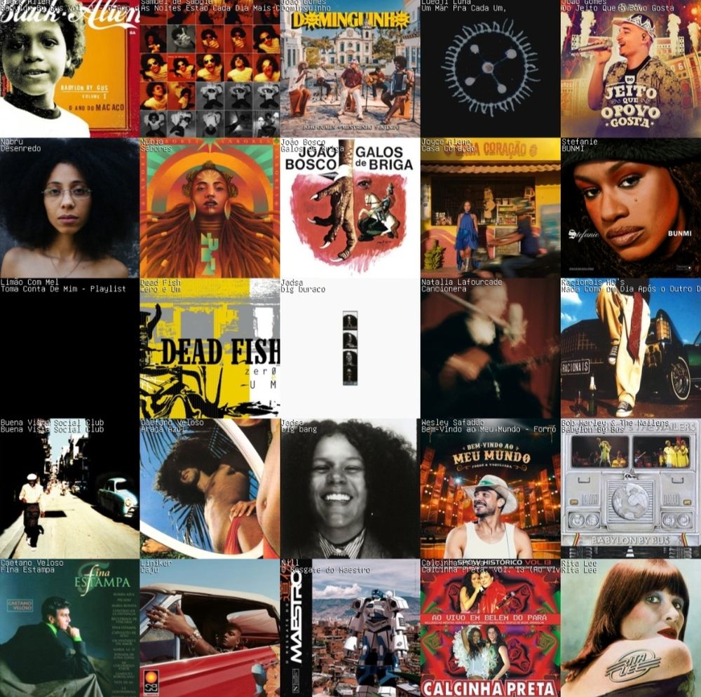 colagem de 25 capas de álbuns musicais organizadas em grade