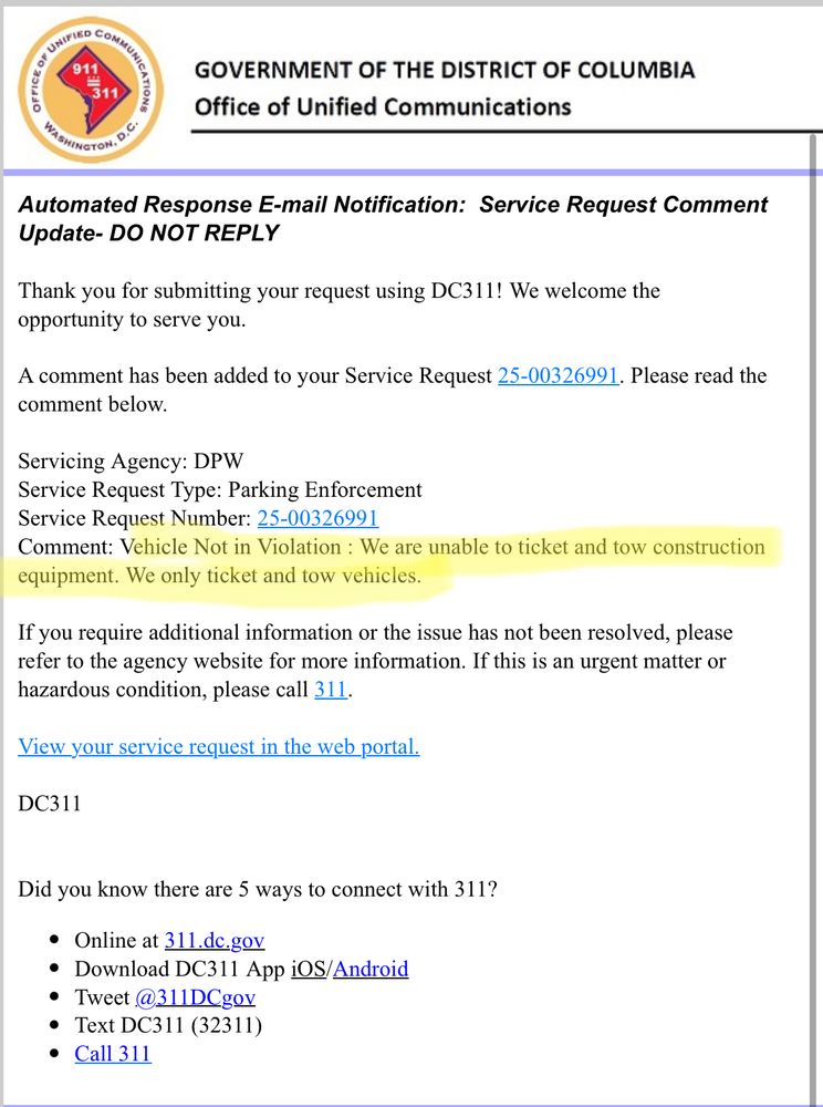 DC 311 claims they are “unable to ticket and tow construction equipment. We only ticket and tow vehicles.”