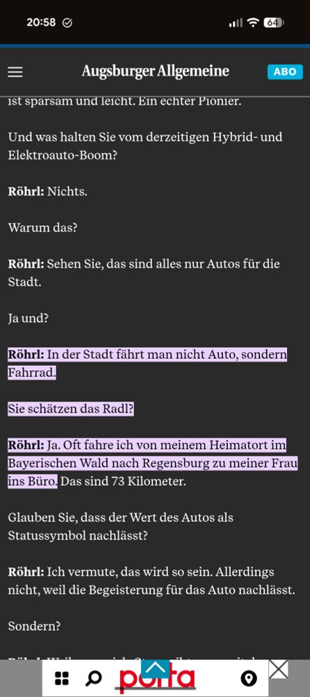 Screenshot eines Interviews in der Augsburger Allgemeinen, in der Walter Röhrl sagt, dass man in der Stadt mit dem Fahrrad fahren sollte.