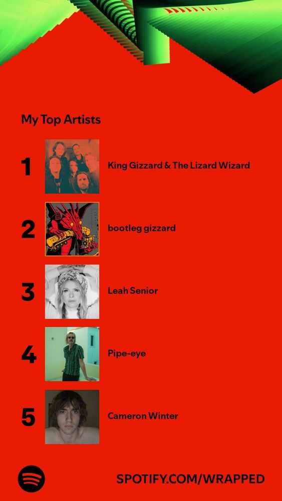 Spotify wrapped 2024 top 5 artists for nonagod. #1 King gizzard and the lizard wizard. #2 bootleg gizzard. #3 Leah Senior. #4 Pipe eye. #5 Cameron winter 