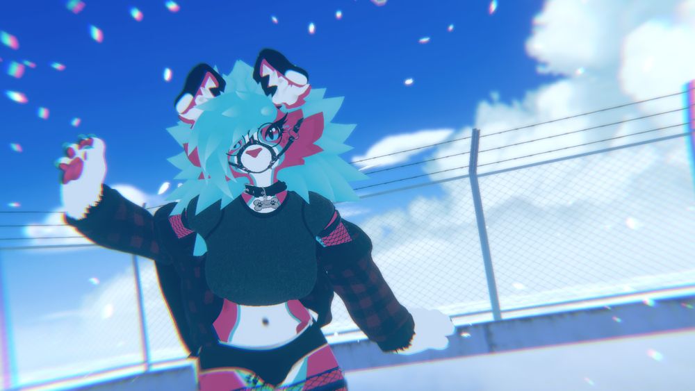 Blue pink dog being cute on a rooftop in vr