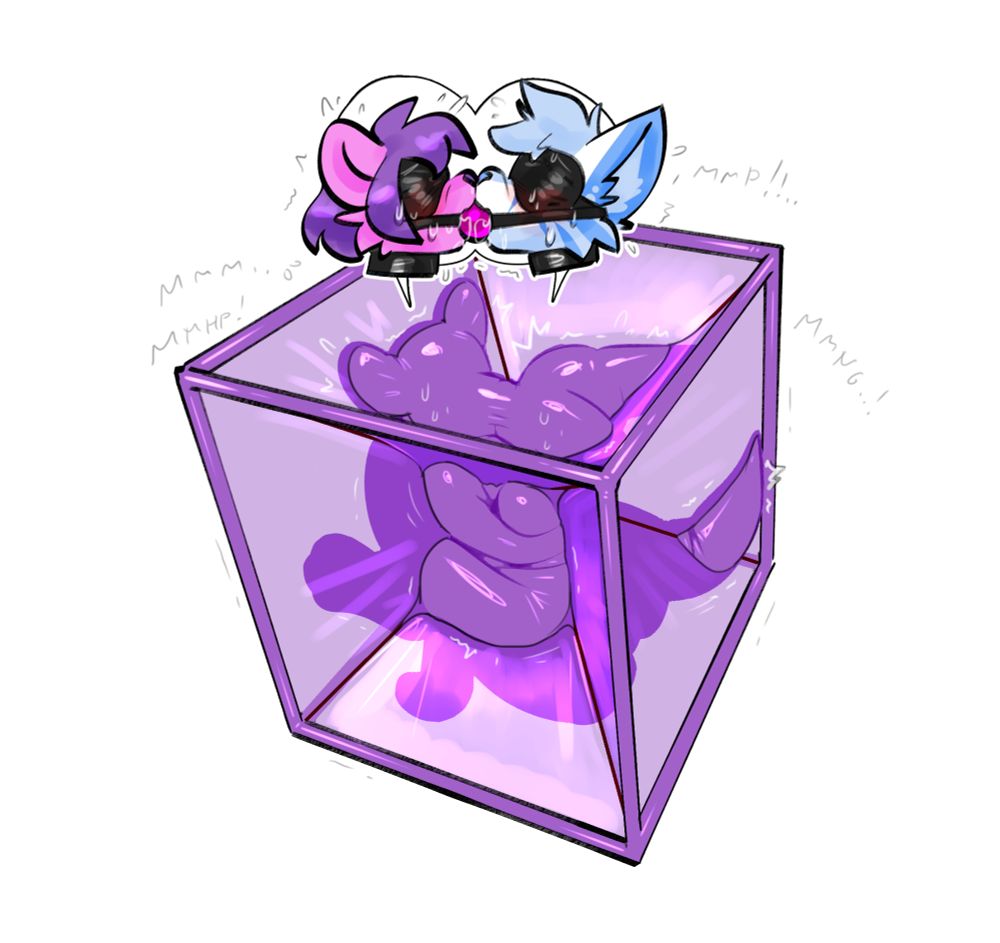 Same artwork, but now with the sides of the vaccube slightly transparent to show how the fluffs are wrapped inside it, as well as headshot of the two which shows that they're blindfolded and also sharing the same ball gag. What's still visible under those layers of bondage is how the two are blushing and in slight distress, with small squirmy "mmphs" and such surrounding the cube