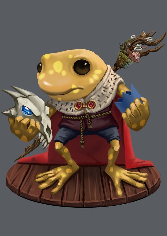 Grung(frog-humanoid) standing on a barrel lid holding the skull of a Kobold wearing a cape for a king with a fungal staff on his back