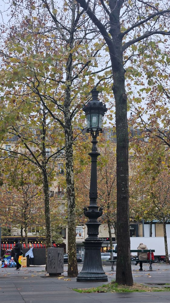 La photo montre un coin de la place de la République, à Paris, par une journée d’automne. 

Un élégant lampadaire noir de style haussmannien se dresse au centre, entouré d’arbres aux feuilles jaunies.

Quelques passants se déplacent ou sont assis sur les bancs, tandis qu’en arrière-plan on distingue les façades parisiennes et les commerces qui bordent la place