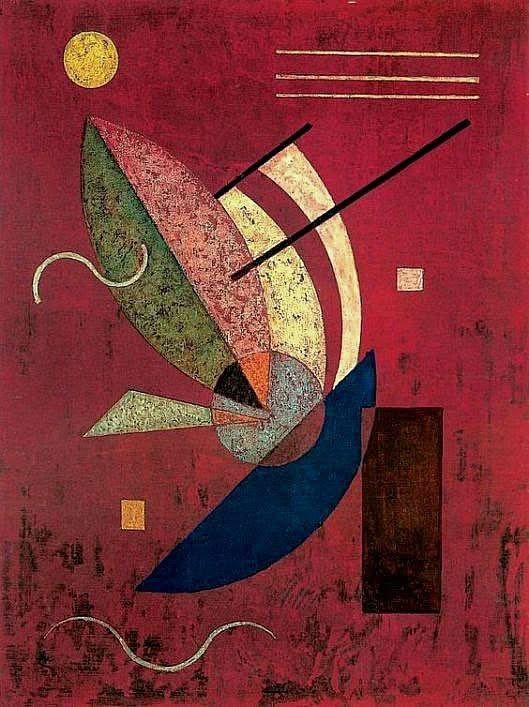 Cette œuvre abstraite de Kandinsky, dominée par un fond rouge profond, met en scène une composition dynamique de formes géométriques colorées — arcs, cercles, rectangles et lignes. 

Deux lignes noires inclinées, évoquant des “baguettes”, structurent l’ensemble.

 