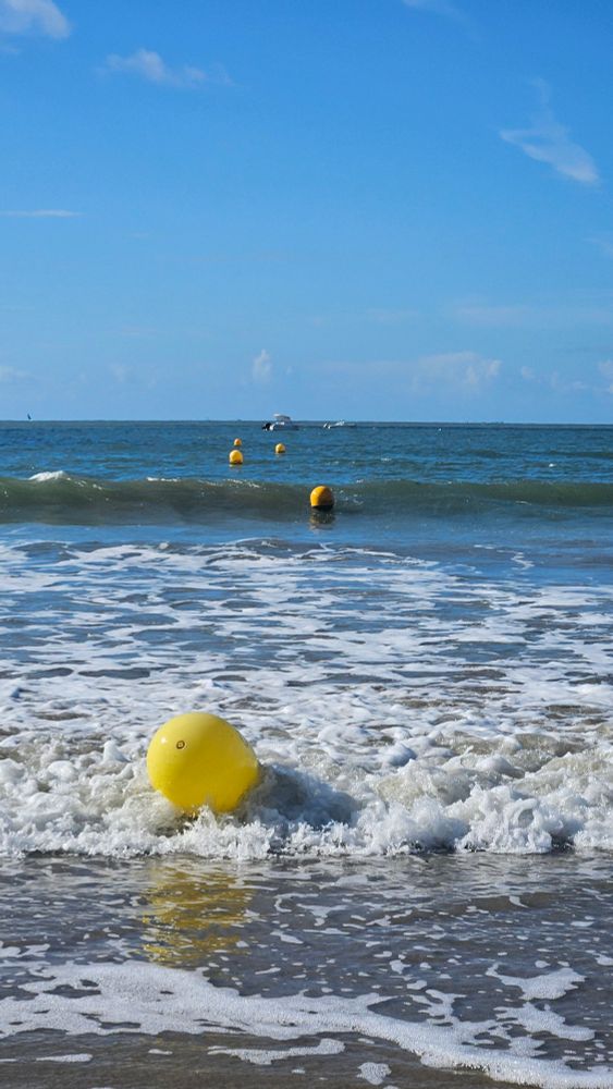 Une bouée jaune vif est au premier plan, roulant dans l'écume blanche des vagues qui viennent s'écraser sur une plage de sable brun clair.

Au-delà de la zone de déferlement, la mer est d'un bleu foncé. 

Plusieurs autres bouées jaunes, plus petites et dispersées, flottent à la surface, délimitant la zone de baignade.