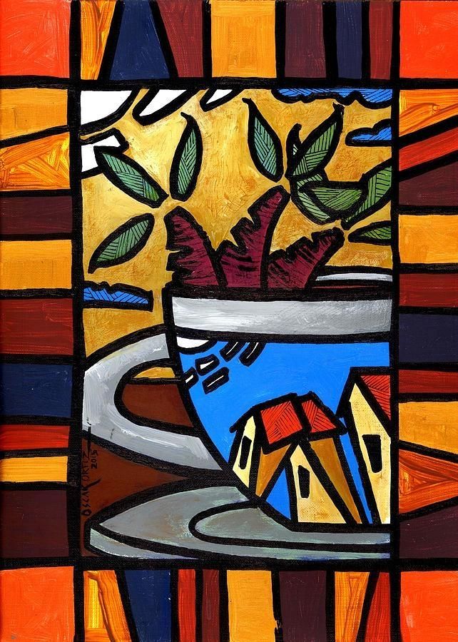 Cette peinture  colorée montre une grande tasse bleue sur laquelle sont dessinées des maisons. Des palmiers stylisés dépassent de la tasse, sur fond jaune. Le tout est encadré par des blocs de couleurs chaudes,  faisant penser à un vitrail. 