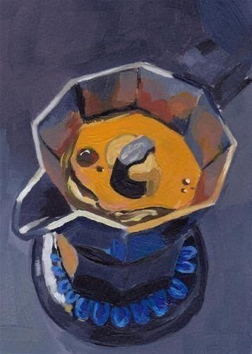 Ce tableau représente une cafetière Moka vue de dessus, posée sur un brûleur suggéré par des flammes bleues. 