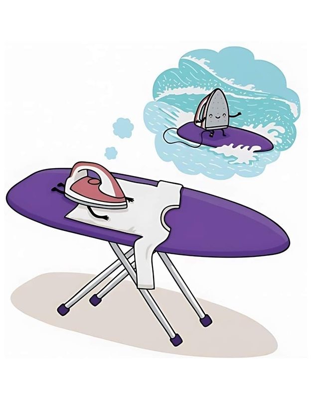 L'image montre une table à repasser avec un T-shirt blanc posé à plat dessus et un fer à repasser placé sur le T-shirt.  À droite de la table à repasser, il y a une bulle de pensée provenant du fer, s'imaginant en train de surfer sur une vague.