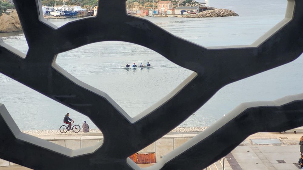 Cette photo, prise à travers la structure en dentelle du MUCEM, offre un contraste dynamique entre l'architecture moderne et les activités en extérieur.

Elle capture un instant où un cycliste passe tranquillement sur le quai, tandis que simultanément, sur l'eau, un groupe de rameurs est visible en pleine action, manœuvrant leur longue embarcation.

Le cliché met ainsi en scène deux formes d'activité physique distinctes, l'une terrestre et l'autre maritime, encadrées par le contour graphique en béton du musée.
