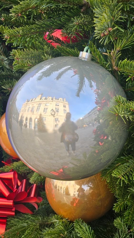 Cette photo est un gros-plan d'une boule de décoration de Noël de couleur gris-argenté  suspendue dans un sapin dont on voit les aiguilles et d'autres décorations.

La surface de la boule est très réfléchissante et montre une image réduite typique d'un miroir convexe.
On distingue ma silhouette ainsi qu'en arrière-plan le reflet de la Mairie du 13e arrondissement, sa place environnante et d'autres passants et décorations.

