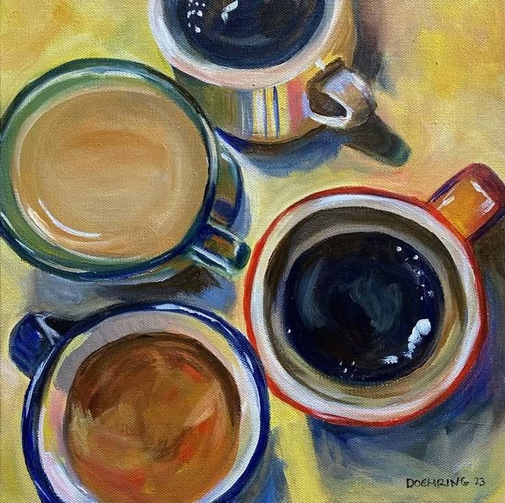 Tableau représentant quatre tasses de café vues du dessus sur un fond jaune.
