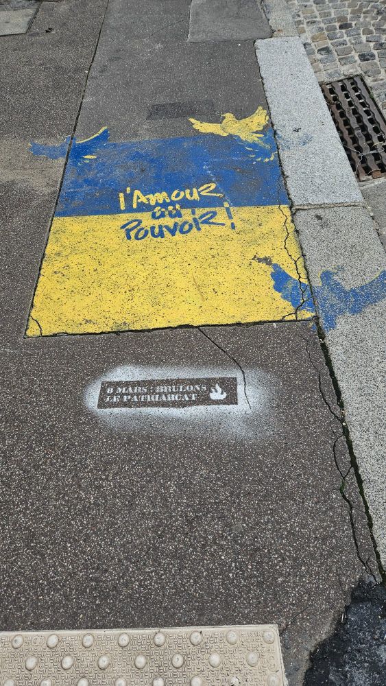 Sur cette photo, on voit un morceau de trottoir décoré de street art aux messages engagés.

En haut, une peinture reprend les couleurs du drapeau ukrainien (bleu et jaune), avec un oiseau jaune qui symbolise probablement la paix. Au centre est écrit en lettres jaunes : « L’amour au pouvoir ! », un slogan qui appelle à remplacer la domination et la violence par l’amour.

En dessous, un pochoir blanc au sol porte un autre message : « 8 mars : Brûlons le patriarcat », accompagné d’un petit symbole de flamme. Ce graffiti fait référence à la Journée internationale des droits des femmes (8 mars), en revendiquant la lutte contre le patriarcat.

L’ensemble associe ainsi un message de paix universelle et un appel féministe à l’égalité.

