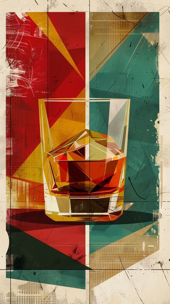 Le tableau présente une illustration stylisée d'un verre de whisky sur un fond abstrait. Les couleurs dominantes sont des tons chauds comme le rouge, l'orange et le jaune, contrastés par des touches de vert. Le verre est représenté avec des facettes angulaires, donnant un effet de diamant. L'arrière-plan comporte des éléments grunge qui créent une impression d'ancienneté.