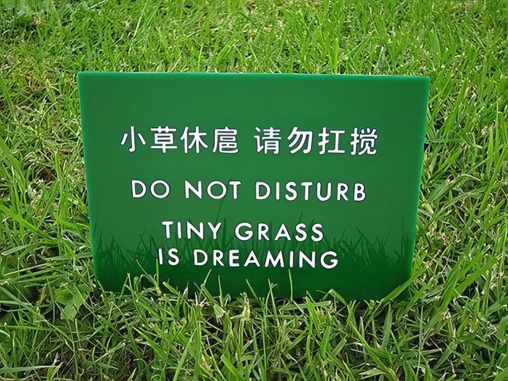 La photo montre une pancarte verte plantée dans l'herbe. Sur la pancarte, il y a du texte en chinois et en anglais. Le texte en chinois dit "小草休息 请勿打扰" et le texte en anglais dit "DO NOT DISTURB TINY GRASS IS DREAMING". La pancarte demande aux gens de ne pas déranger l'herbe, en utilisant une formulation poétique et imagée.