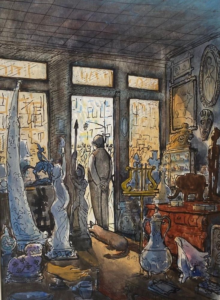Illustration de l'intérieur d'un magasin d'antiquités.
