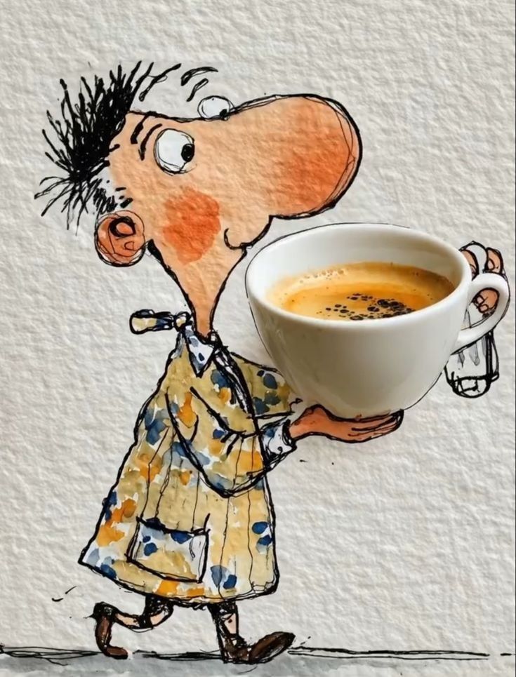 Il s’agit d’un dessin humoristique représentant un personnage caricatural, avec un grand nez et des cheveux ébouriffés, vêtu d’une blouse constellée de taches multicolores.

Il marche en tenant une grande tasse de café réaliste — une vraie photo de tasse intégrée dans le dessin, ce qui crée un effet amusant et original. 