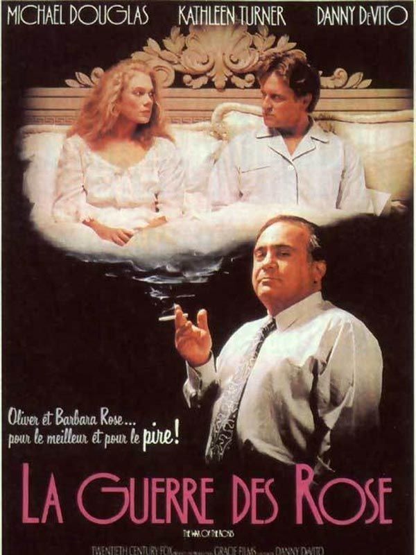 C'est l'affiche du film La Guerre des Rose (The War of the Roses), une comédie noire.

​Elle montre les acteurs principaux : Michael Douglas, Kathleen Turner et Danny DeVito. 
Le sous-titre français est : Oliver et Barbara Rose... pour le meilleur et pour le pire !


