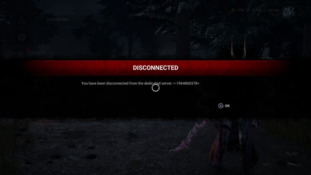 The Dead by Daylight 2v8 lobby screen with an alert reading "You have been disconnected from the dedicated server."