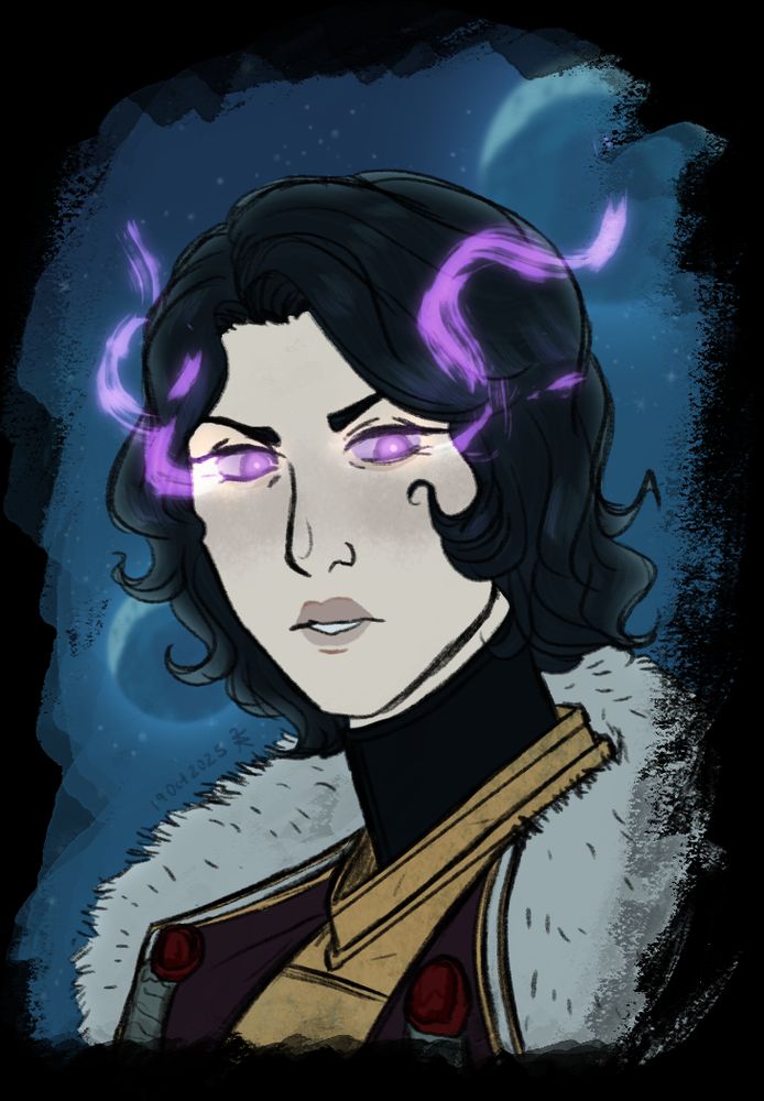 A digital portrait of Lavinia von Valancius, the custom Lord Captain/Rogue Trader for vtmbbot. Lavinia is a voidborn psyker, with bob-length wavy black hair. Her eyes are illuminated with a purple, psychic glow.