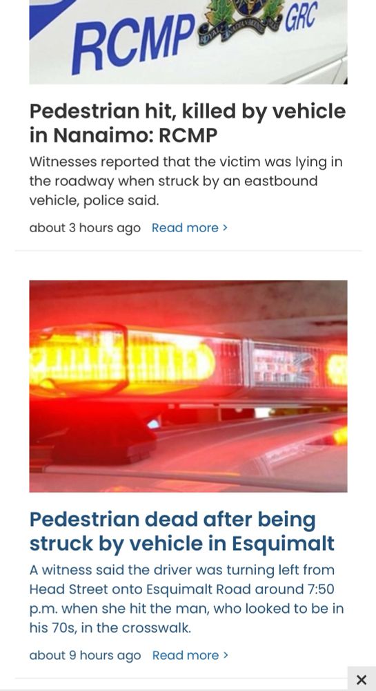 Headlines showing two separate pedestrians killed after being struck by vehicles 