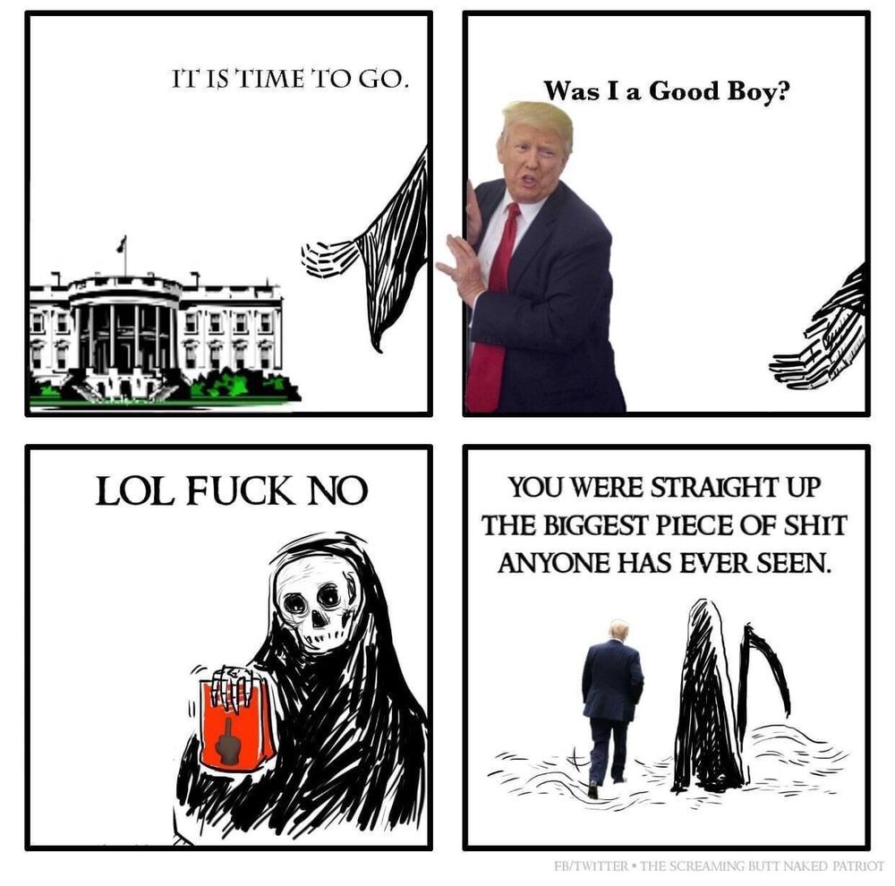4-panel comic. Top left: the White House and a skeleton hand at the edge, “it is time to go”. Top right: Trump and the skeleton hand, “was I a good boy?”. Bottom left: Death holding a red bag with a middle finger: “LOL FUCK NO”. Bottom right: Trump and Death walking away, “You were straight up the biggest piece of shit anyone has ever seen.”