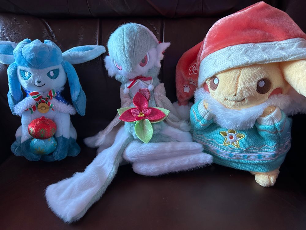 Holiday gardevoir, pikachu and glaceon plushes 