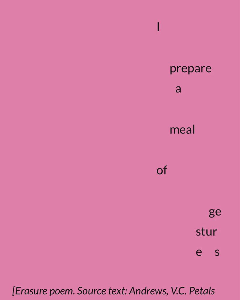 I prepare a meal of gestures 
(Excerpt from my erasure poem “suture 8,9”)