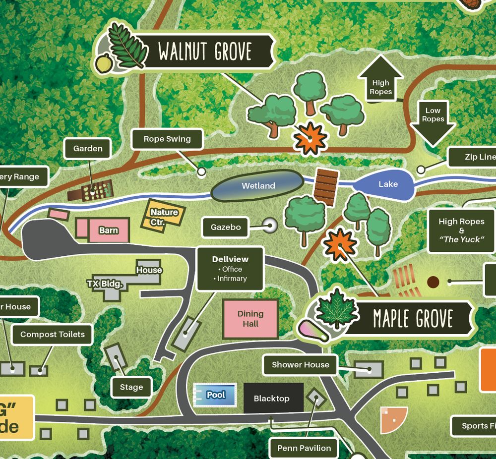 a busy map of a campground, with 'walnut grove' and 'maple grove' prominently featured.