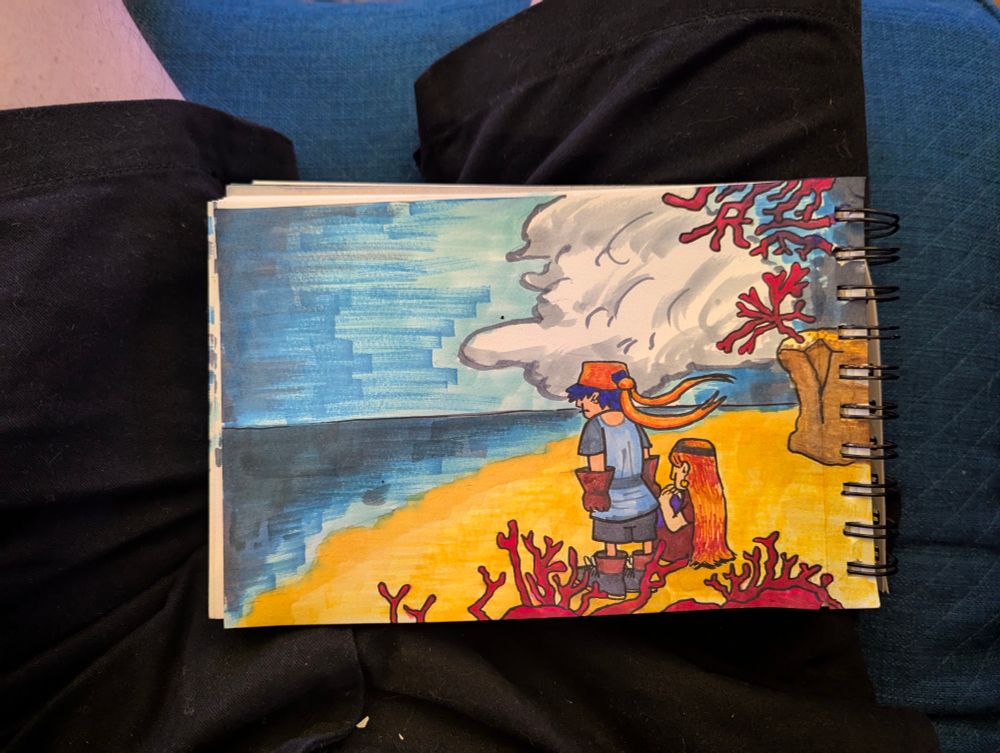 A colorful scene with Serge standing with Merle on the beach where you transfer between worlds in the PSX game 'Chrono Cross'