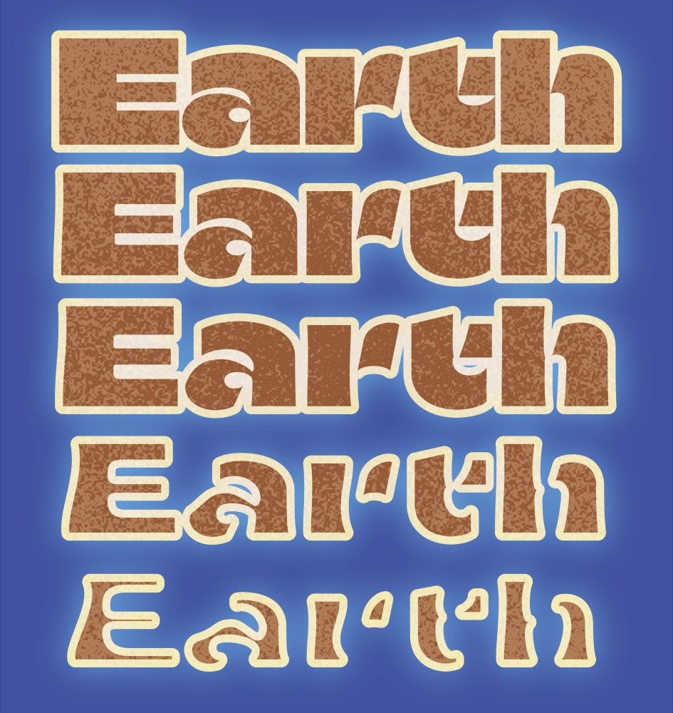 the word "Earth" made to look like soil on ocean. it is repeated 5 times, with each new line showing that the letter forms have been swallowed from the outside, similar to how the oceans will cover land if the polar ice caps continue to melt and release sequestered water.