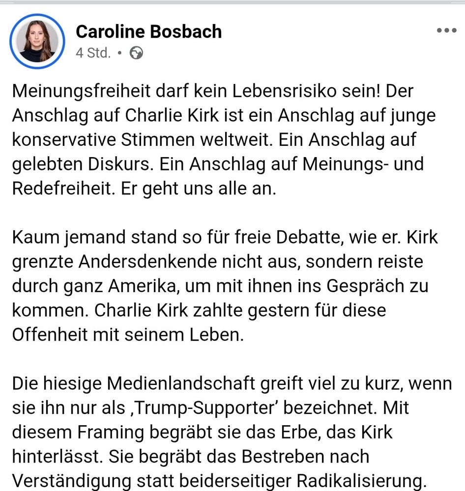 Screenshot von Caroline Bosbach, in ihrem Post trauert sie um den Faschisten  Charlie Kirk.