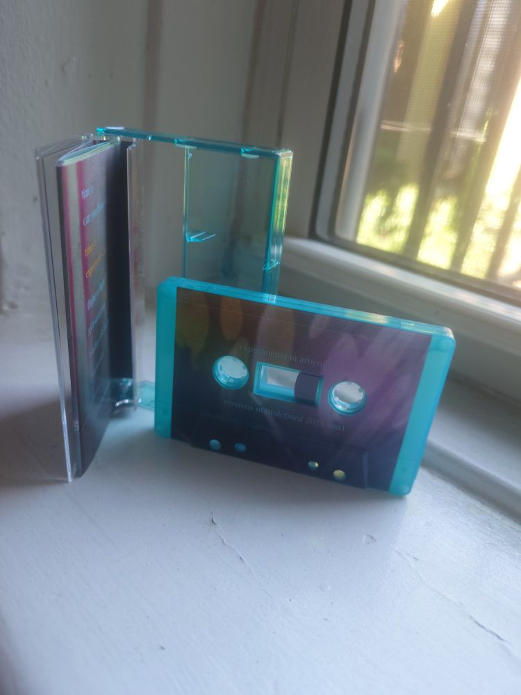 A translucent turquoise tape case behind a clear turquoise cassette with on body art work by me

Bit of Brooklyn green and sun behind the iron window grille 