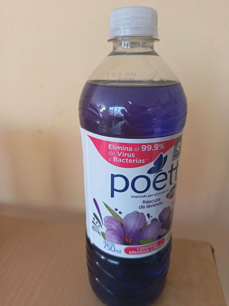 A bottle of purple cleaning liquid named poet