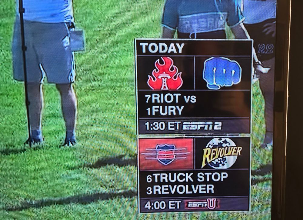 Several ultimate Frisbee scores on ESPN, one matchup is truck stop vs revolver 