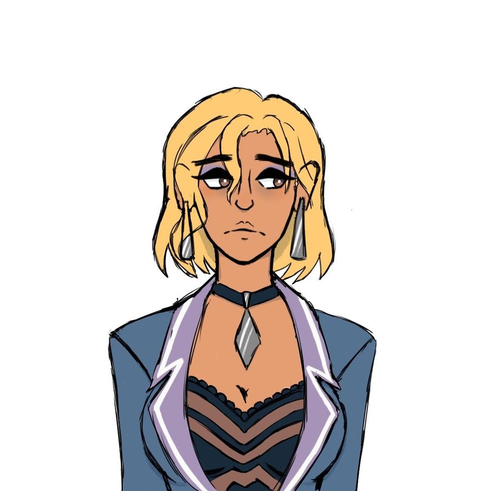 Art piece of the bust of my "hero" oc Myley Dean. She's tall with tan skin and a black sweetheart blouse that has sheer parts throughout it. Over it lays a pale blue blazer with light shoulder pads that has a soft purple color that contains white lining. Around her neck is a tight neckles with a large reflection shard on it, similar ones dangle from her earrings. Her hair is a wavy yellowish blonde bob. Her eyes are brown with some more of that soft purple for eye shadow, her eyes are darkened underneath giving the look of distress. 