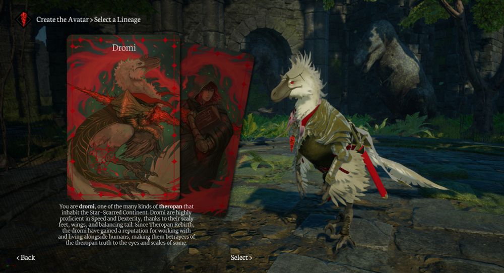 Character creation in Ars Meteorica. Select between human or dromi.