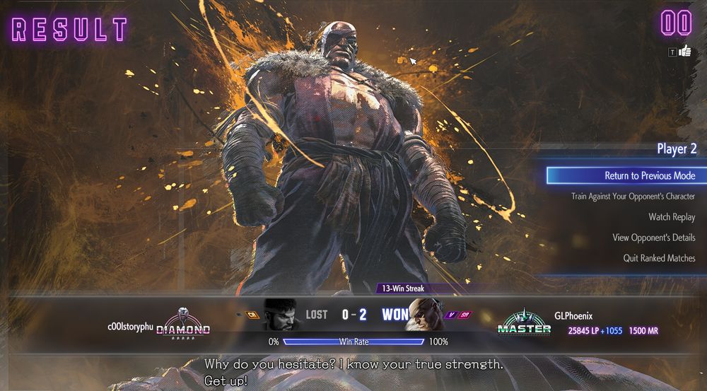The win screen for Sagat in Street Fighter 6.

Also shows the newly acquired master rank for the character. 