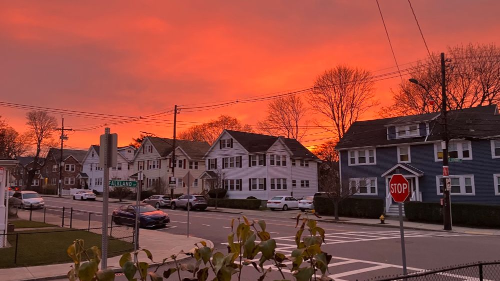 A digital photo of a vibrant pink, red, and purple sunrise in an urban setting