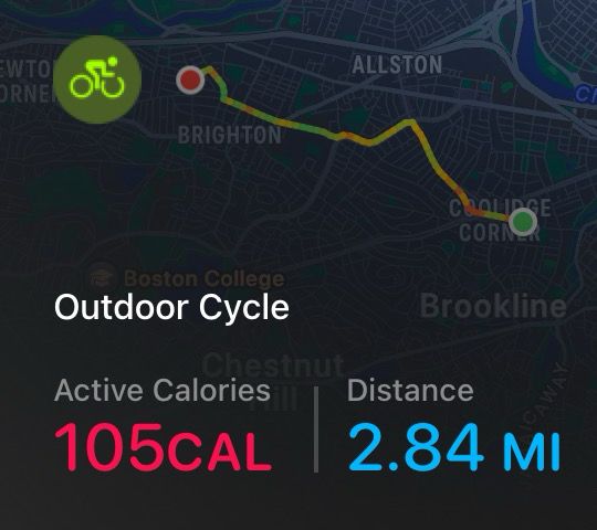 A jpeg of a bike route, with 105CAL and 2.84 MI listed as total bicycle ride