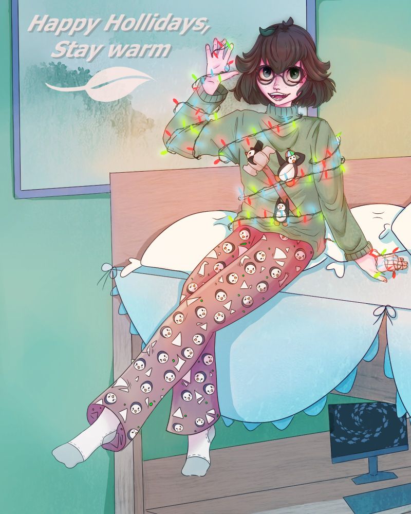 A cozy, festive scene featuring a character sitting on a wooden loft bed with soft, blue bedding. The character has short, dark brown hair, large round glasses, freckles, and a cheerful smile. They're wearing a green sweater with penguin designs, festive pajama pants covered in Penguinspatterns, and white socks. A string of colorful holiday lights wraps around them, glowing softly.

In the background, a frosted window displays the text "Happy Hollidays, Stay warm" with a white leaf icon. A small monitor on the floor beneath the bed shows a swirling galaxy pattern. The warm, soft lighting adds to the inviting, holiday atmosphere.