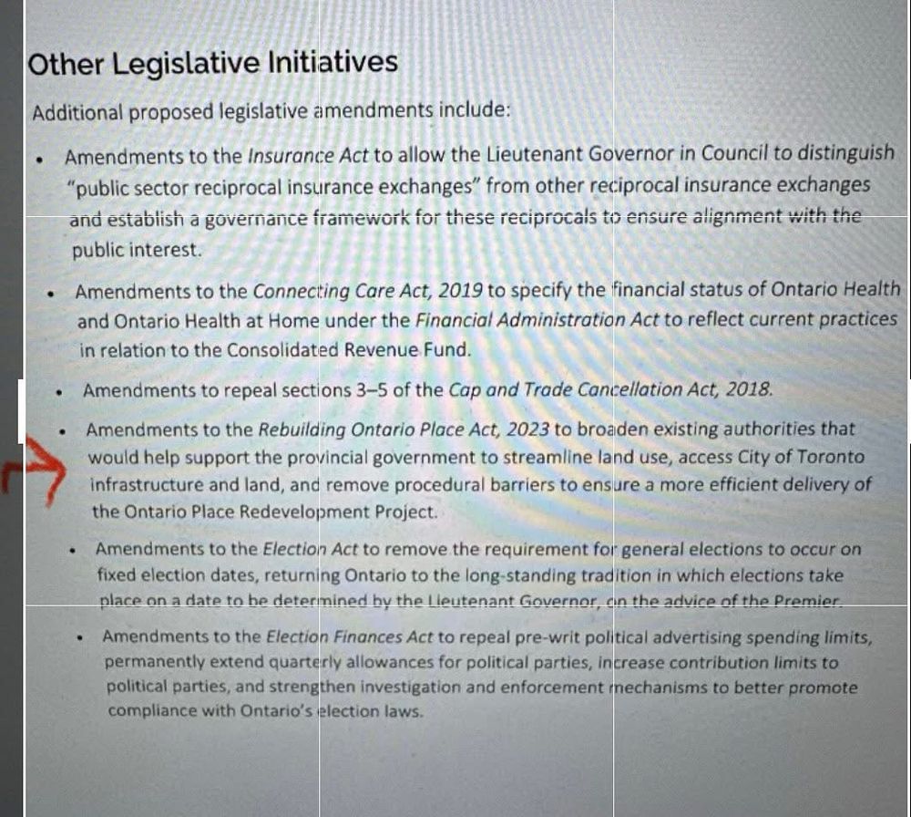 Other Legislative Initiatives

Additional proposed legislative amendments include:

• Amendments to the Insurance Act to allow the Lieutenant Governor in Council to distinguish
"public sector reciprocal insurance exchanges" from other reciprocal insurance exchanges and establishi a governance framework for these reciprocals to ensure alignment with the public interest.
• Amendments to the Connecting Care Act, 2019 to specify the financial status of Ontario Health and Ontario Health at Home under the Financial Administration Act to reflect current practices in relation to the Consolidated Revenue Fund.
• Amendments to repeal sections 3-5 of the Cap and Trade Cancellation Act, 2018.
• Amendments to the Rebuilding Ontario Place Act, 2023 to broaden existing authorities that would help support the provincial government to streamline land use, access City of Toronto infrastructure and land, and remove procedural barriers to ensure a more efficient delivery of the Ontario Place Redevelopment Project.
• Amendments to the Election Act to remove the requirement for general elections to occur on fixed election dates, returning Ontario to the long-standing tradition in which elections take place on a date to he determined by the leutenant Governor, cin the advice of the Premier.
• Amendments to the Election Finances Act to repeal pre-writ political advertising spending limits, permanently extend quarterly allowances for political parties, increase contribution limits to political parties, and strengthen investigation and enforcement mechanisms to better promote compliance with Ontario's election laws.