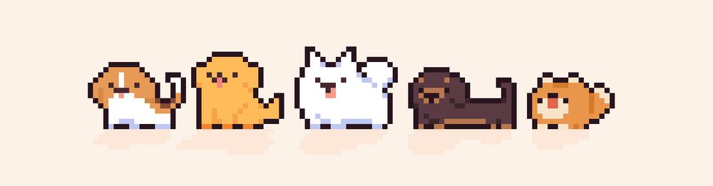 five pixel art dogs from a beagle, golden retriever, samoyed, dachshund and a pomeranian on a cream background. 