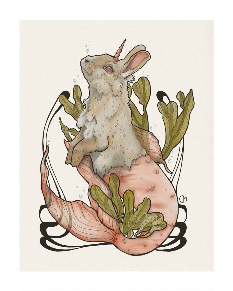 A digital painting of a bunny mermaid. 