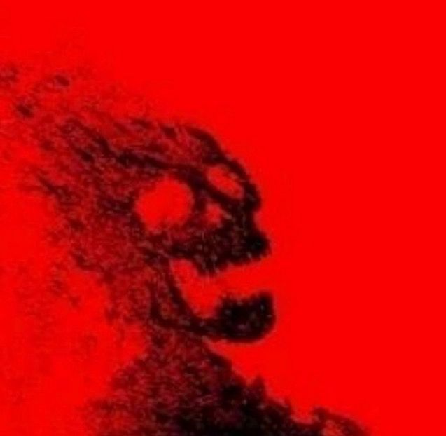 A skull on a red background disintegrating 